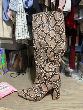 Snake Print Knee-High Pointed Toe Block Heel Boots